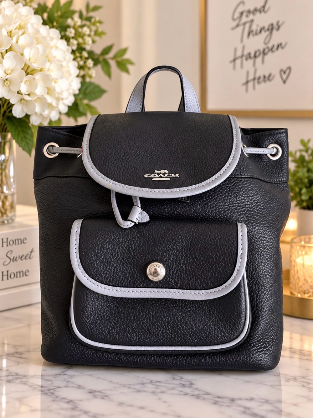 Coach Black Pebbled Leather Backpack with Light Gray Trim
